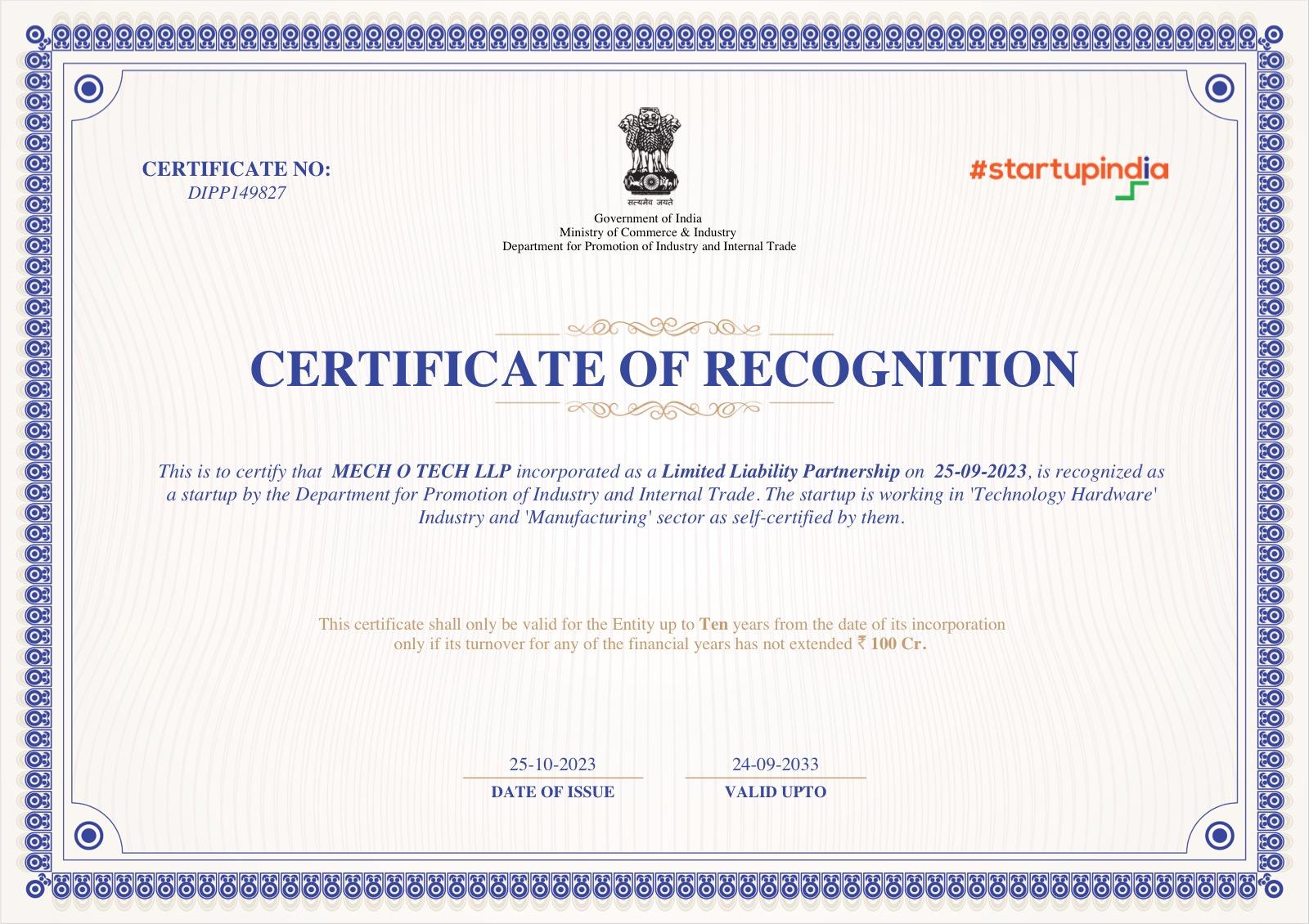 Startup India Certificate