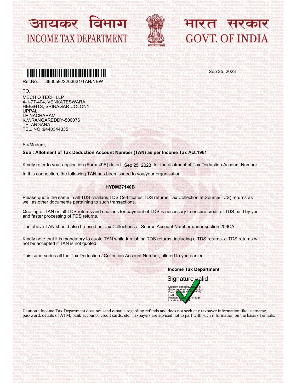TAN Certificate